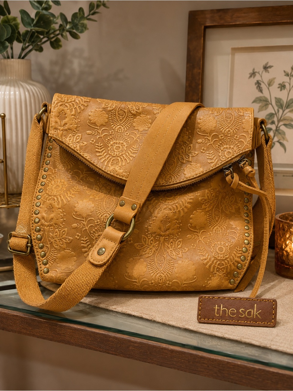 The Sak Leather Crossbody Bag — Embossed Floral